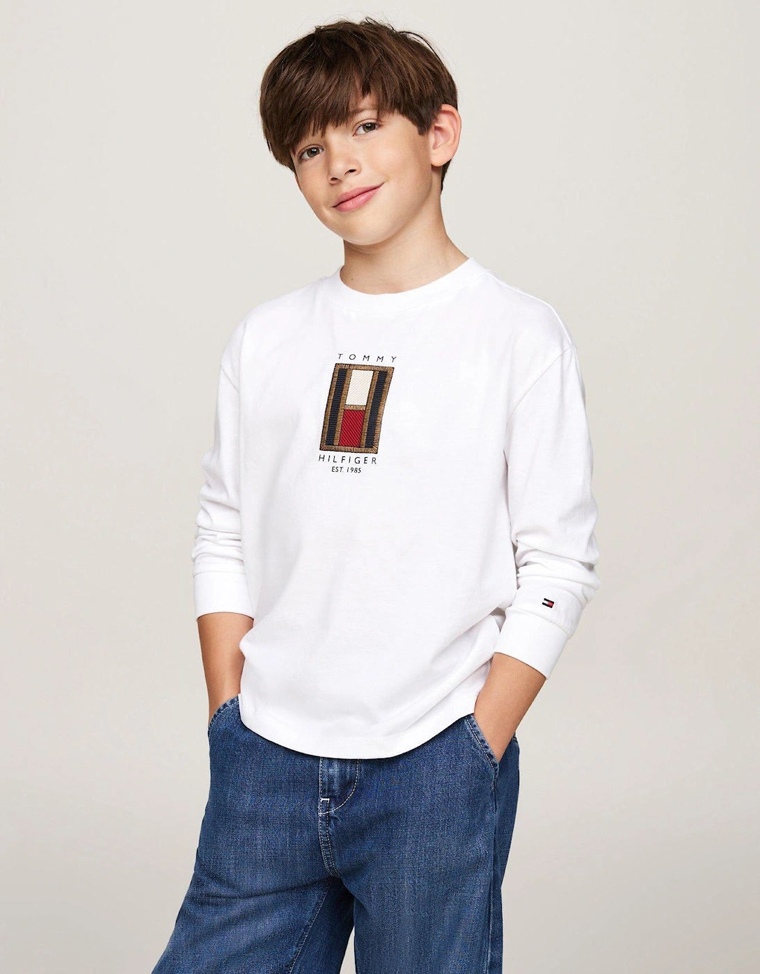 Boys Flag Embroidered Long Sleeve T-shirt - White, 7 of 6