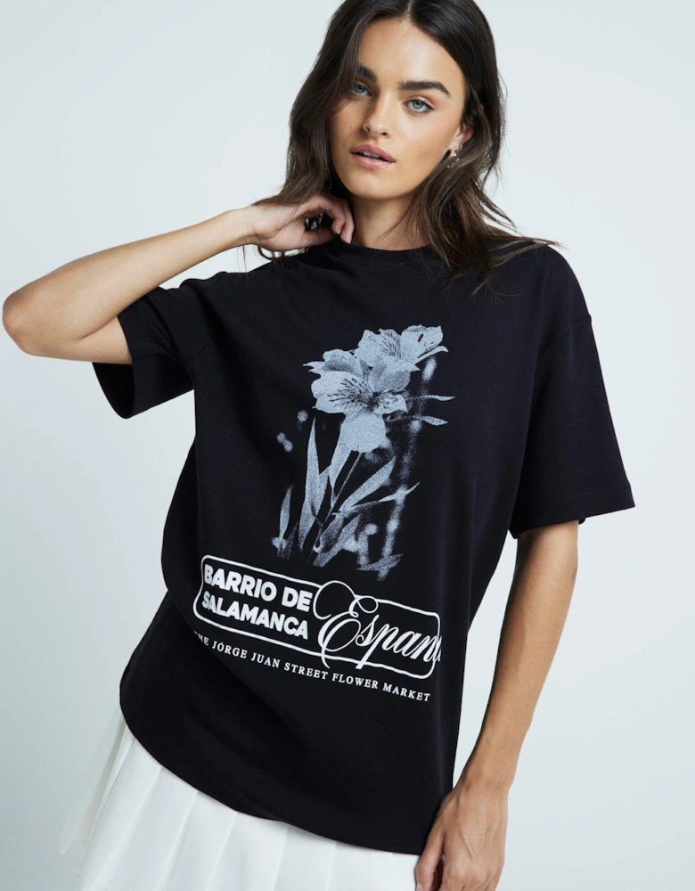 Floral Slogan Boyfriend Tee - Black