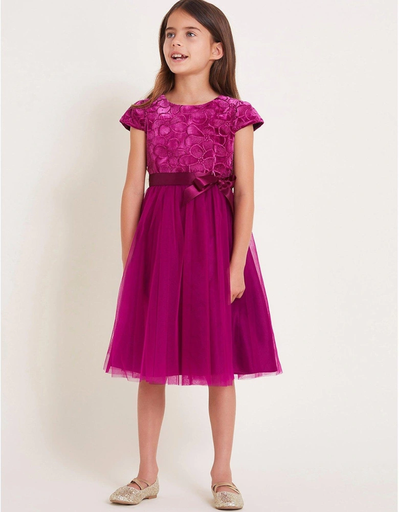 Girls Velvet Embroidered Tulle Dress - Magenta