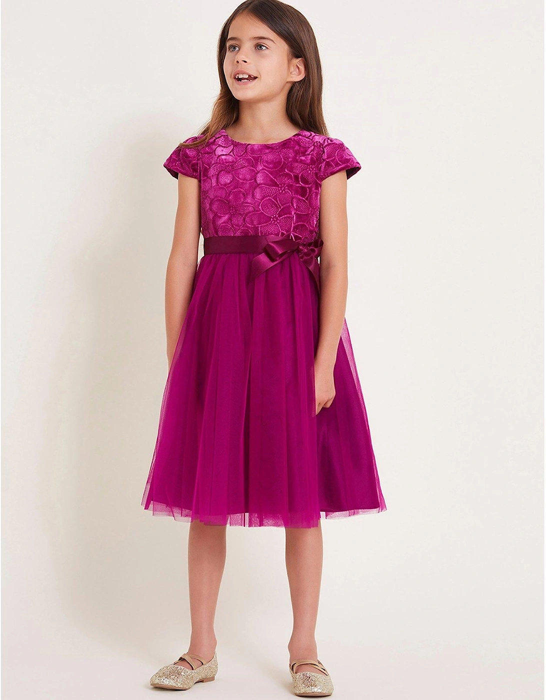 Girls Velvet Embroidered Tulle Dress - Magenta, 2 of 1
