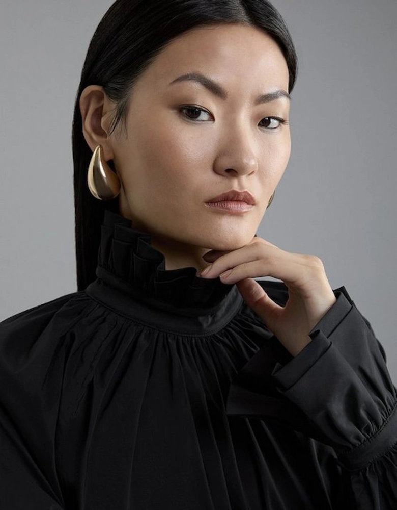 Poplin High Neck Ruffle Neck And Cuff Detail Woven Blouse