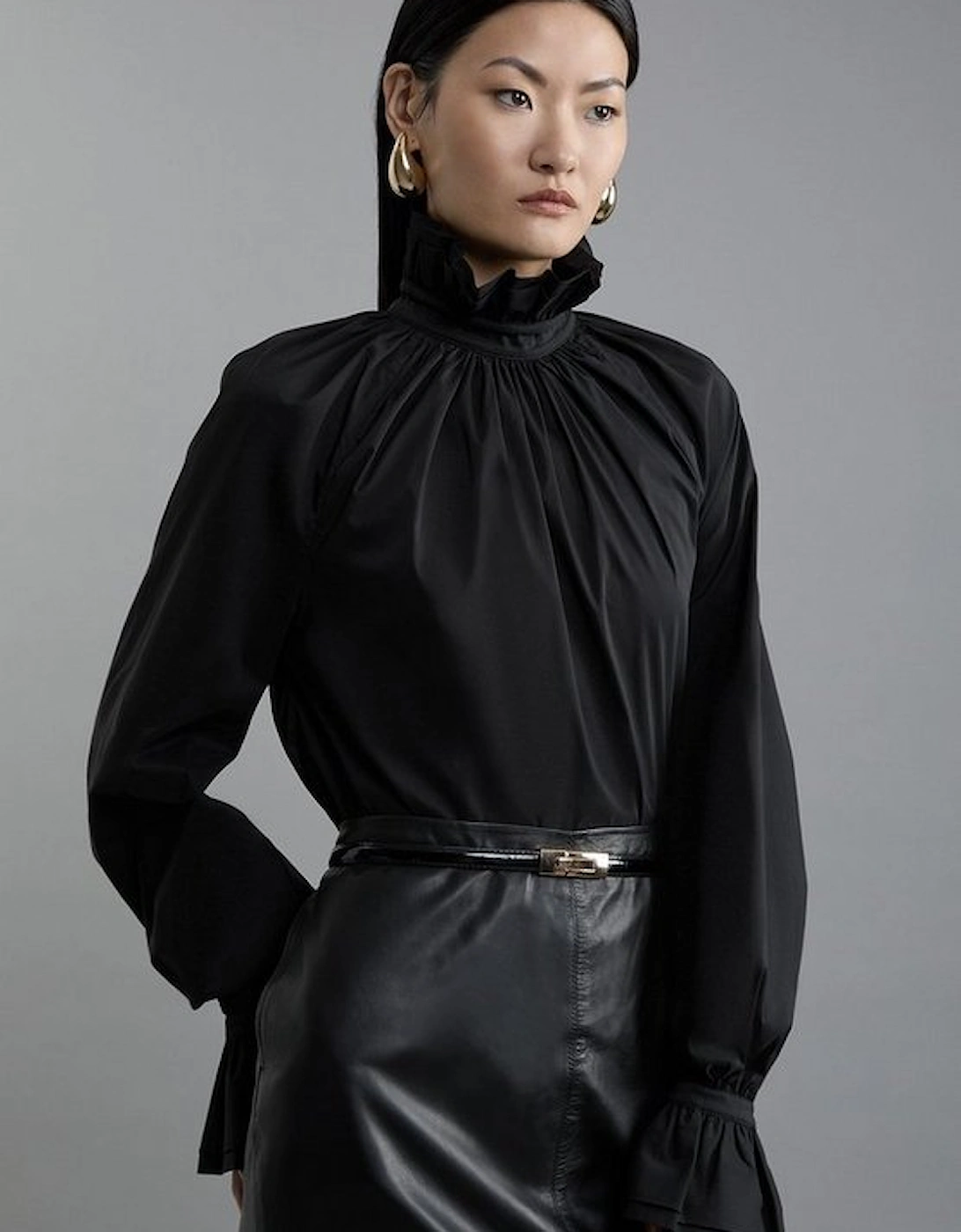 Poplin High Neck Ruffle Neck And Cuff Detail Woven Blouse, 4 of 3