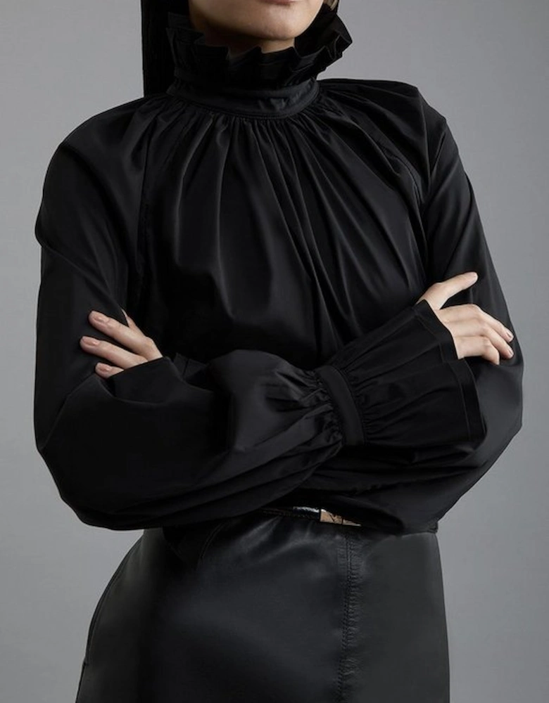 Poplin High Neck Ruffle Neck And Cuff Detail Woven Blouse