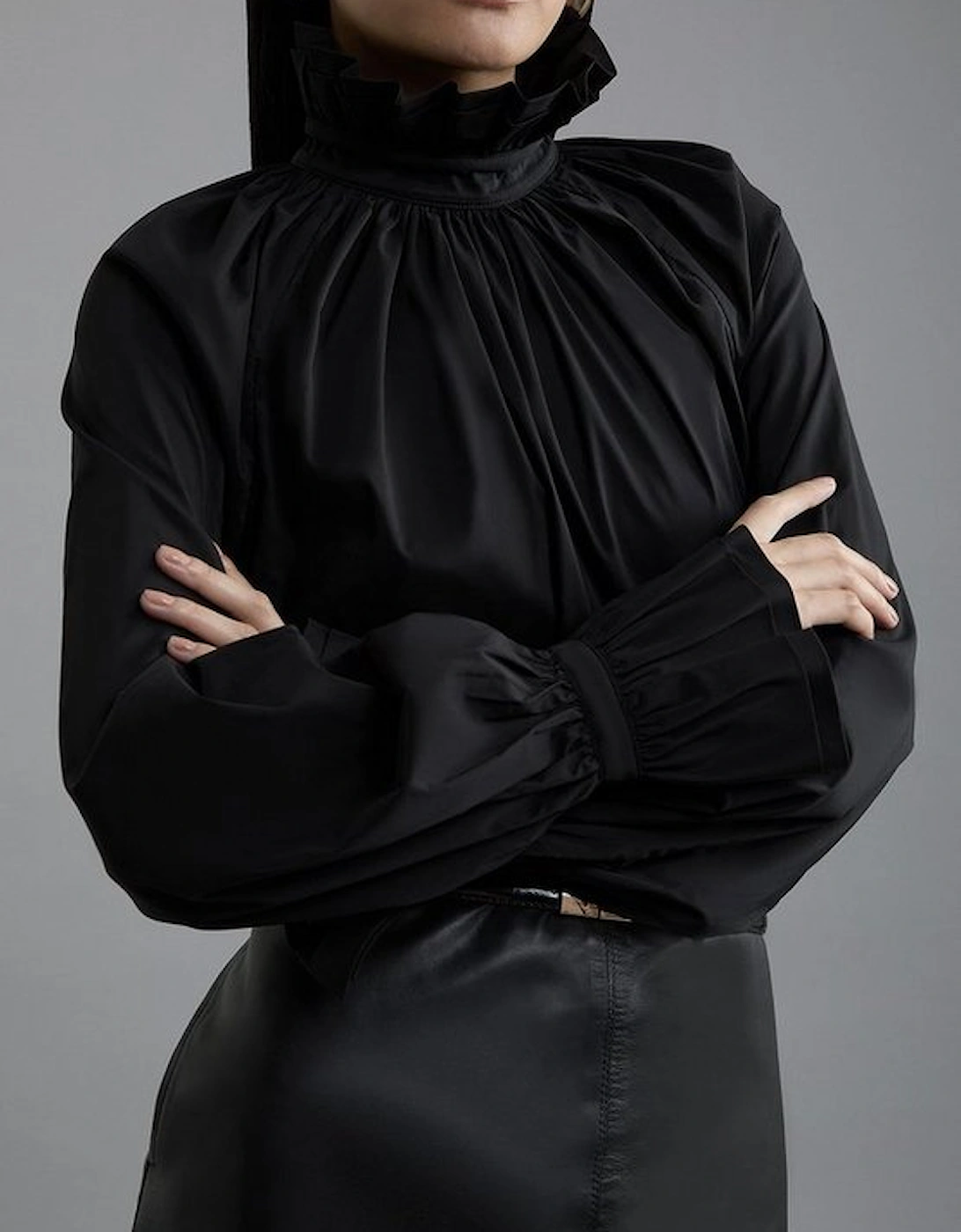 Poplin High Neck Ruffle Neck And Cuff Detail Woven Blouse