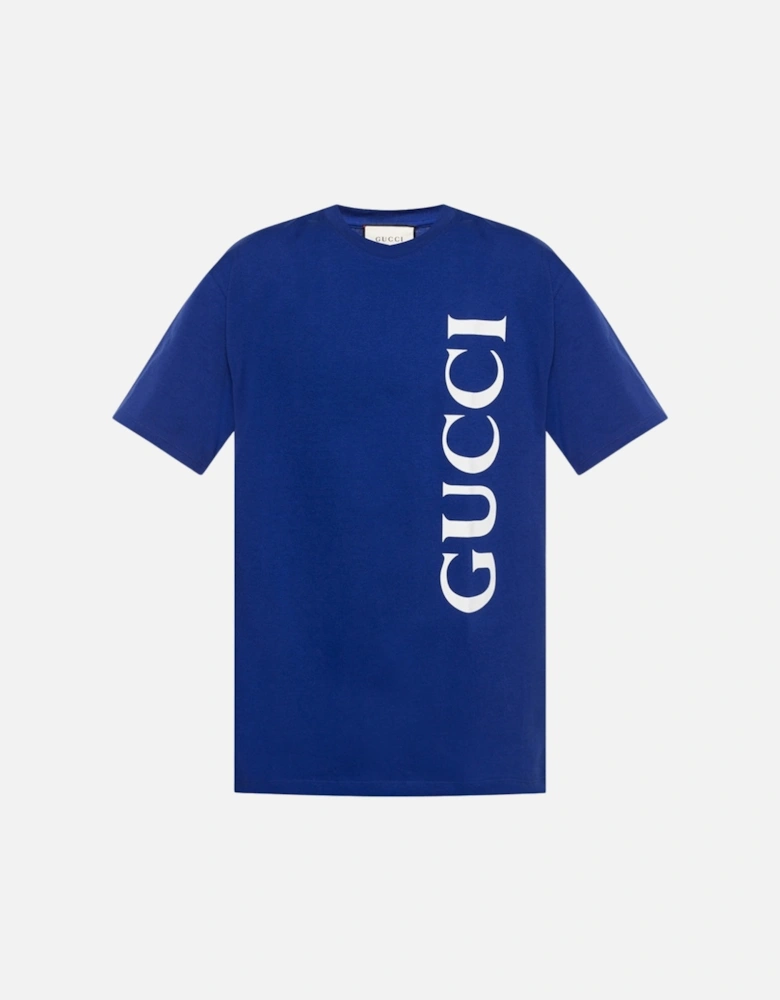 Large Vertical Brand Logo Regular Fit Blue T-Shirt