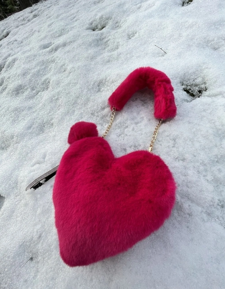 Pink Faux Fur Love Heart Bag