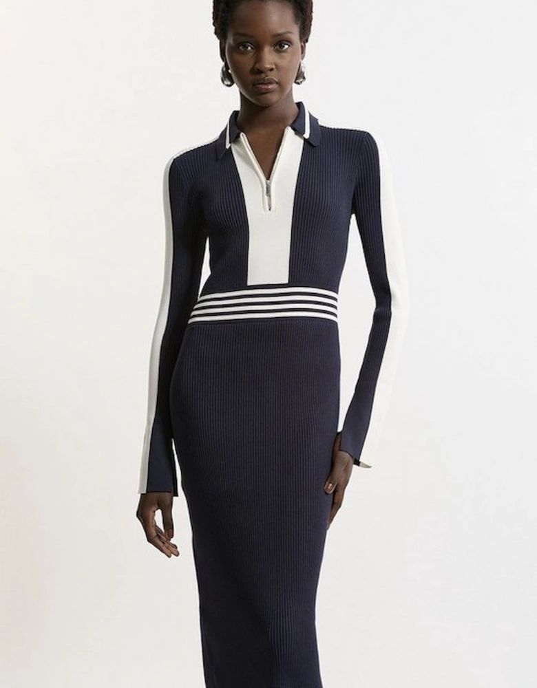 Rib Knit Polo Zip Up Midi Dress