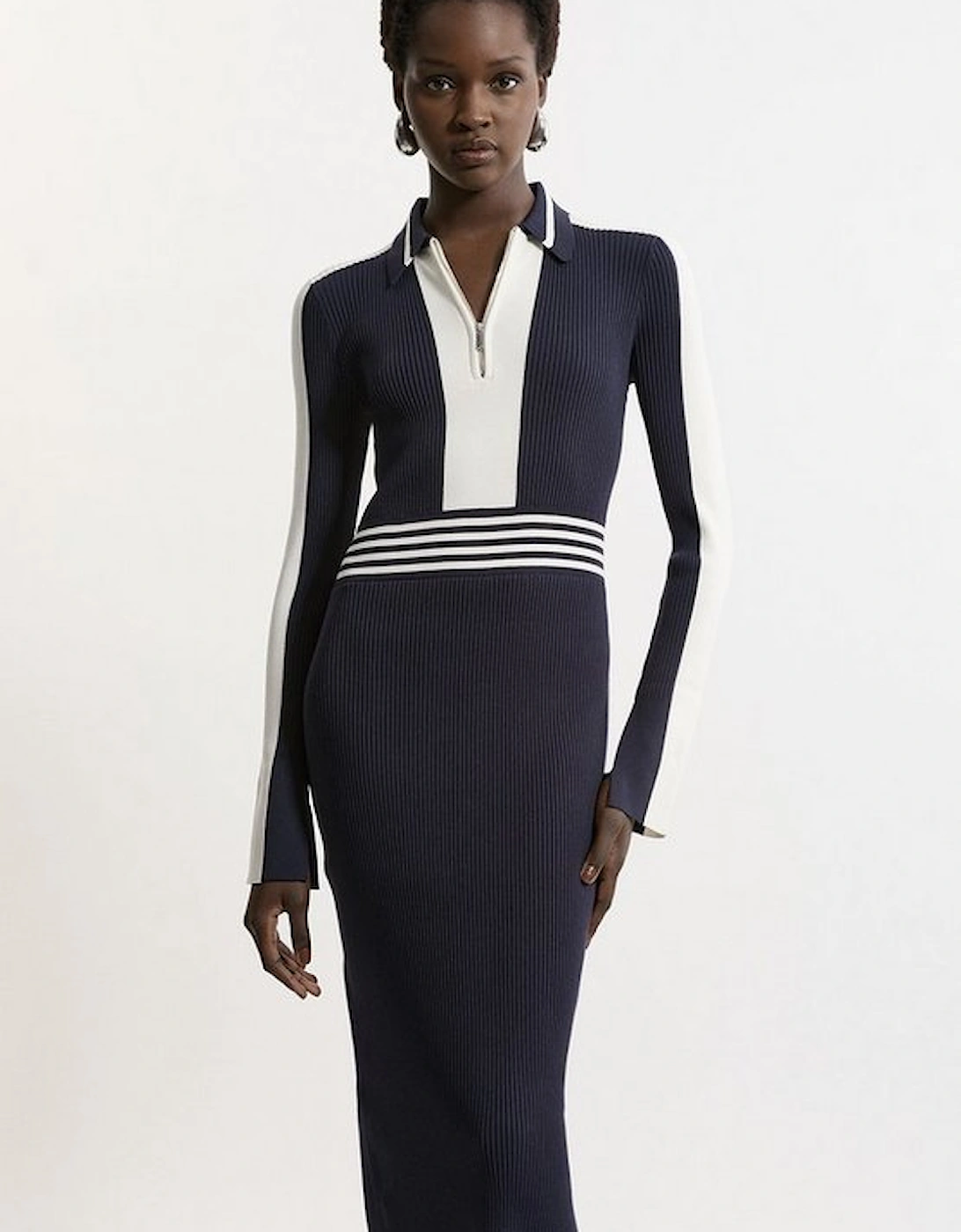 Rib Knit Polo Zip Up Midi Dress, 4 of 3