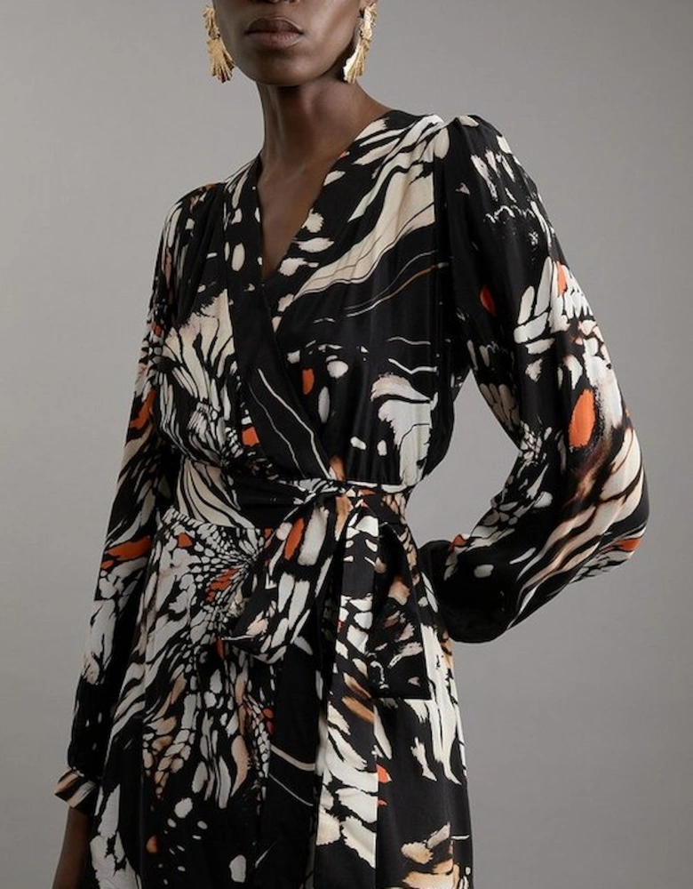 Petite Butterfly Print Viscose Crepe Woven Wrap Mini Dress