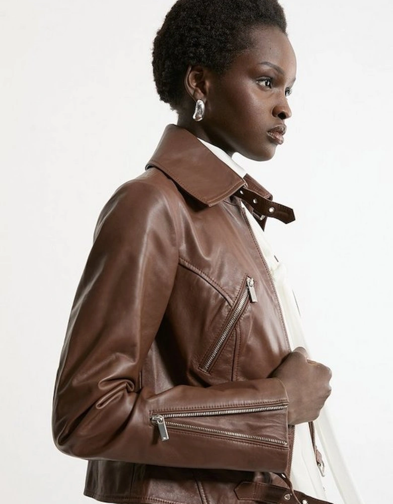 Leather Buckle Detail Zip Through Biker Jacket