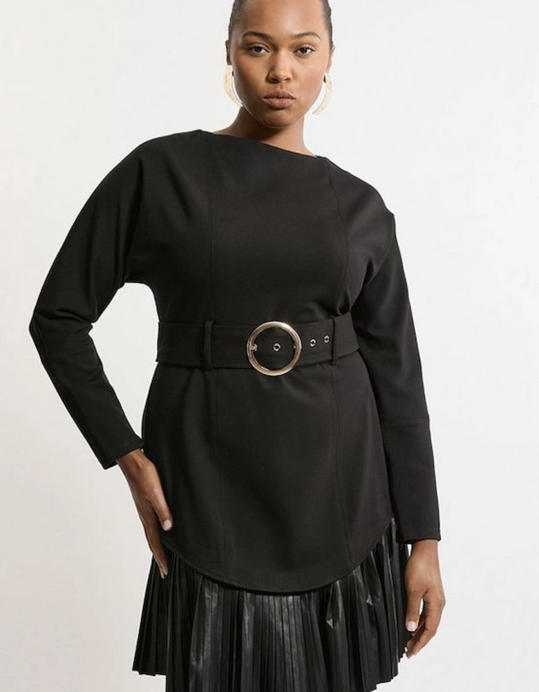 Plus Size Belted Pu And Ponte Jersey Frill Hem Mini Dress