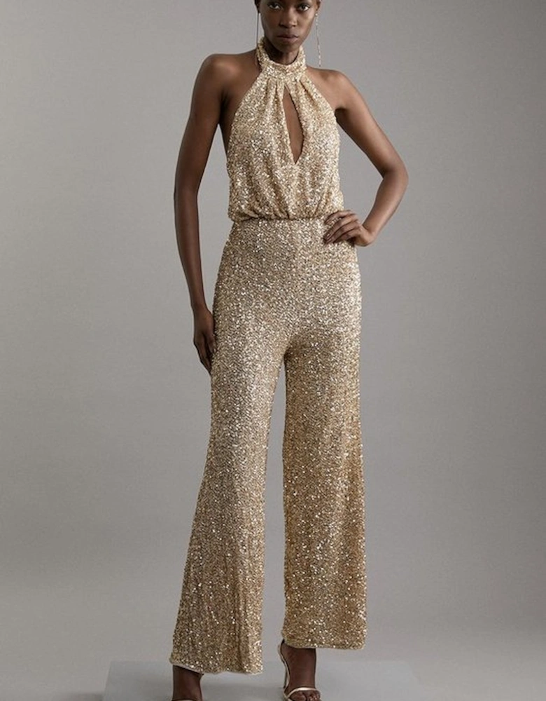 Halter Jersey Stretch Sequin Wide Leg Jumpsuit