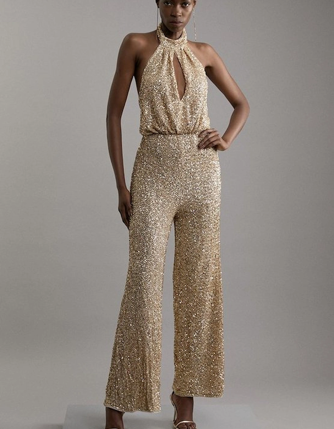 Halter Jersey Stretch Sequin Wide Leg Jumpsuit, 4 of 3