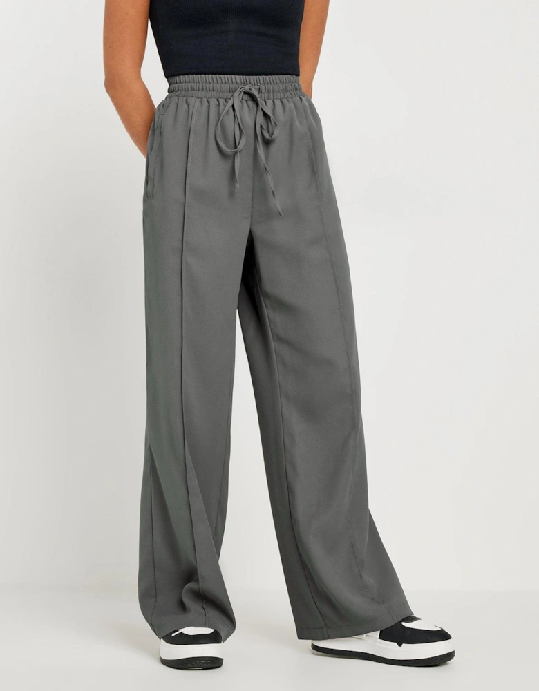 Petite Pintuck Tie Waist Wide Leg Trousers - Grey