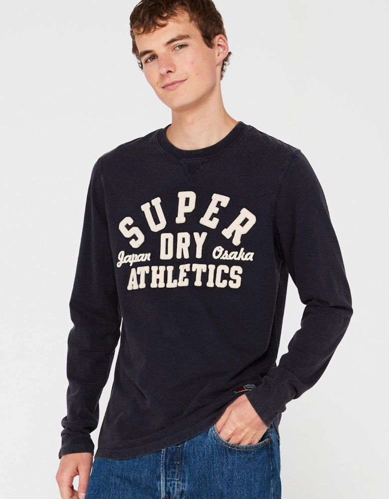 Embroidered Athletic Logo Long Sleeve Regular T-Shirt - Navy