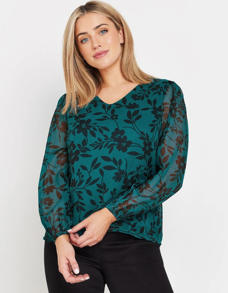 Floral Stencil Printed Long Sleeve Blouse