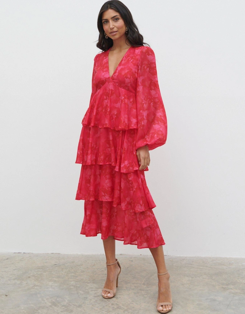 Ashton Ruffle Midi Dress - & Red - Pink