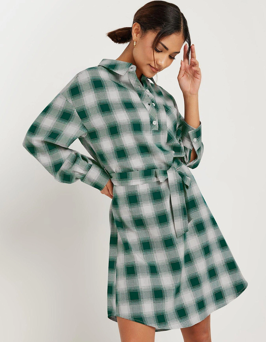 Petite Blurred Check Shirt Dress - Green, 2 of 1