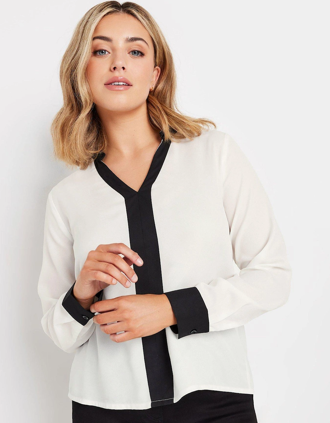 Long Sleeve Tipping Detailed Blouse - Black/White, 2 of 1