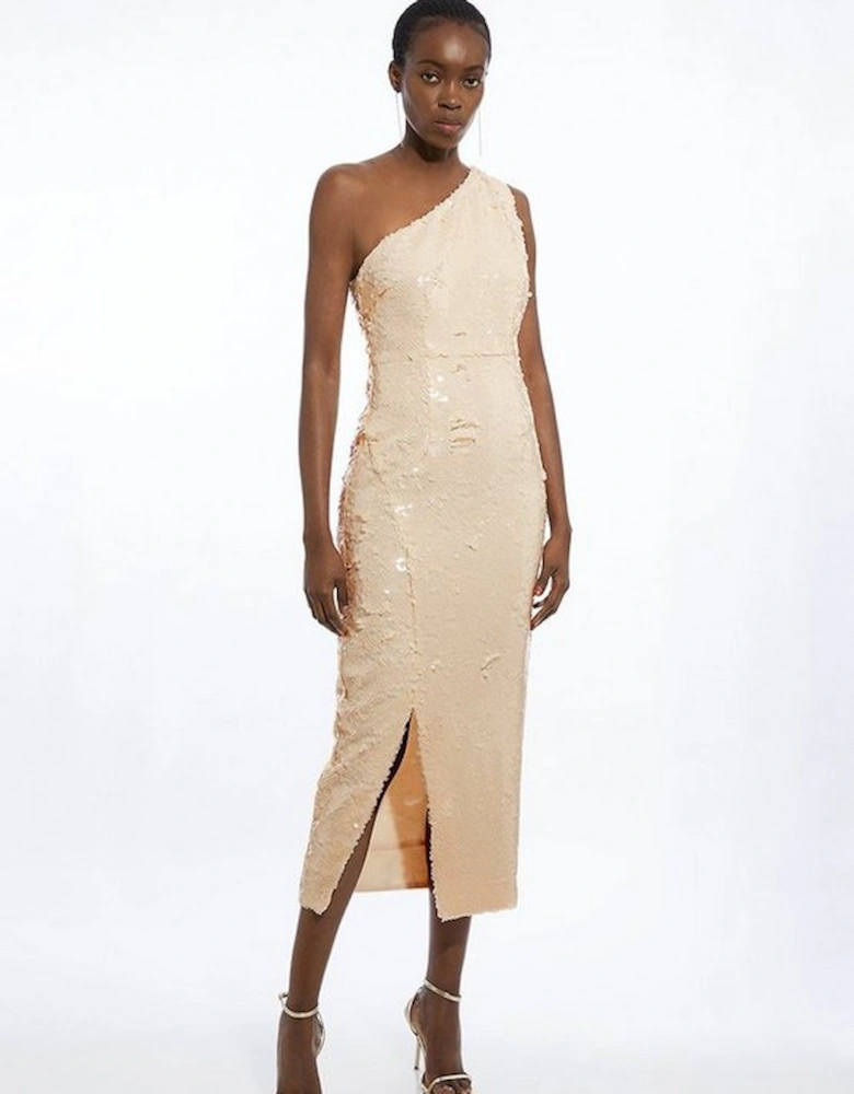 Layered Sequin One Shoulder Woven Split Midi Dress