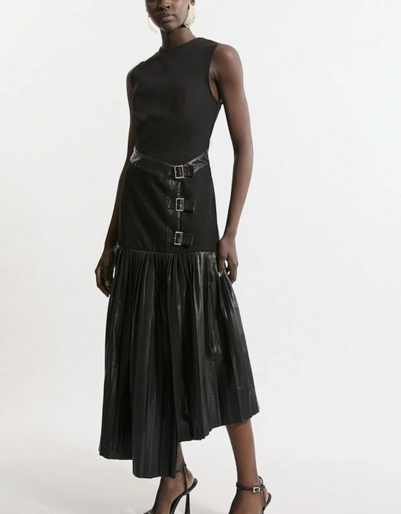 Pu And Ponte Sleeveless Pleated Skirt Maxi Dress