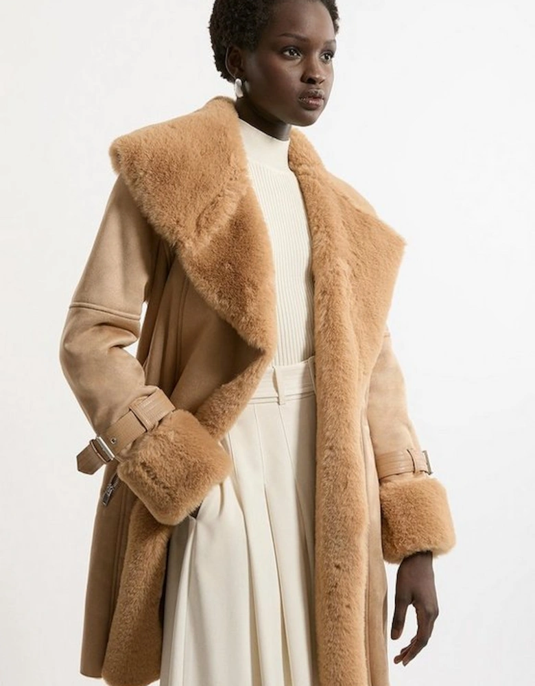 Tall Faux Shearling Collar & Cuff Belted Short Coat