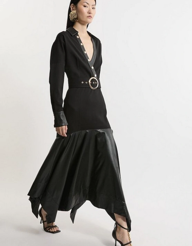 Belted Pu And Ponte Jersey Frill Hem Midi Dress