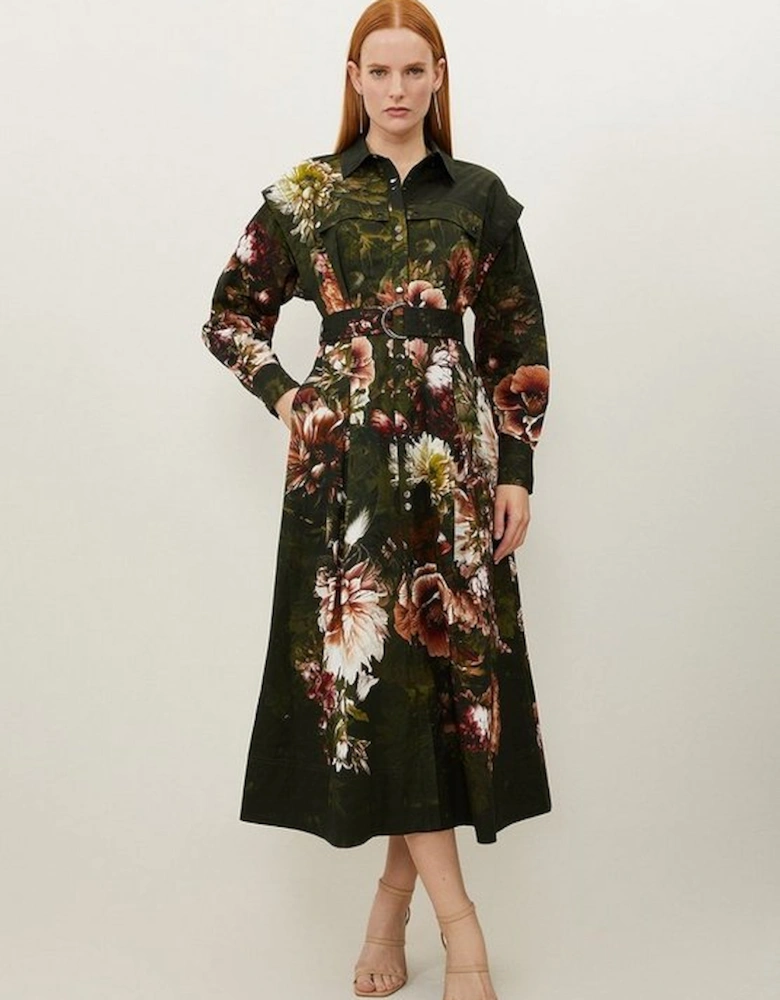 Placed Floral Cotton Sateen Shirt Dress