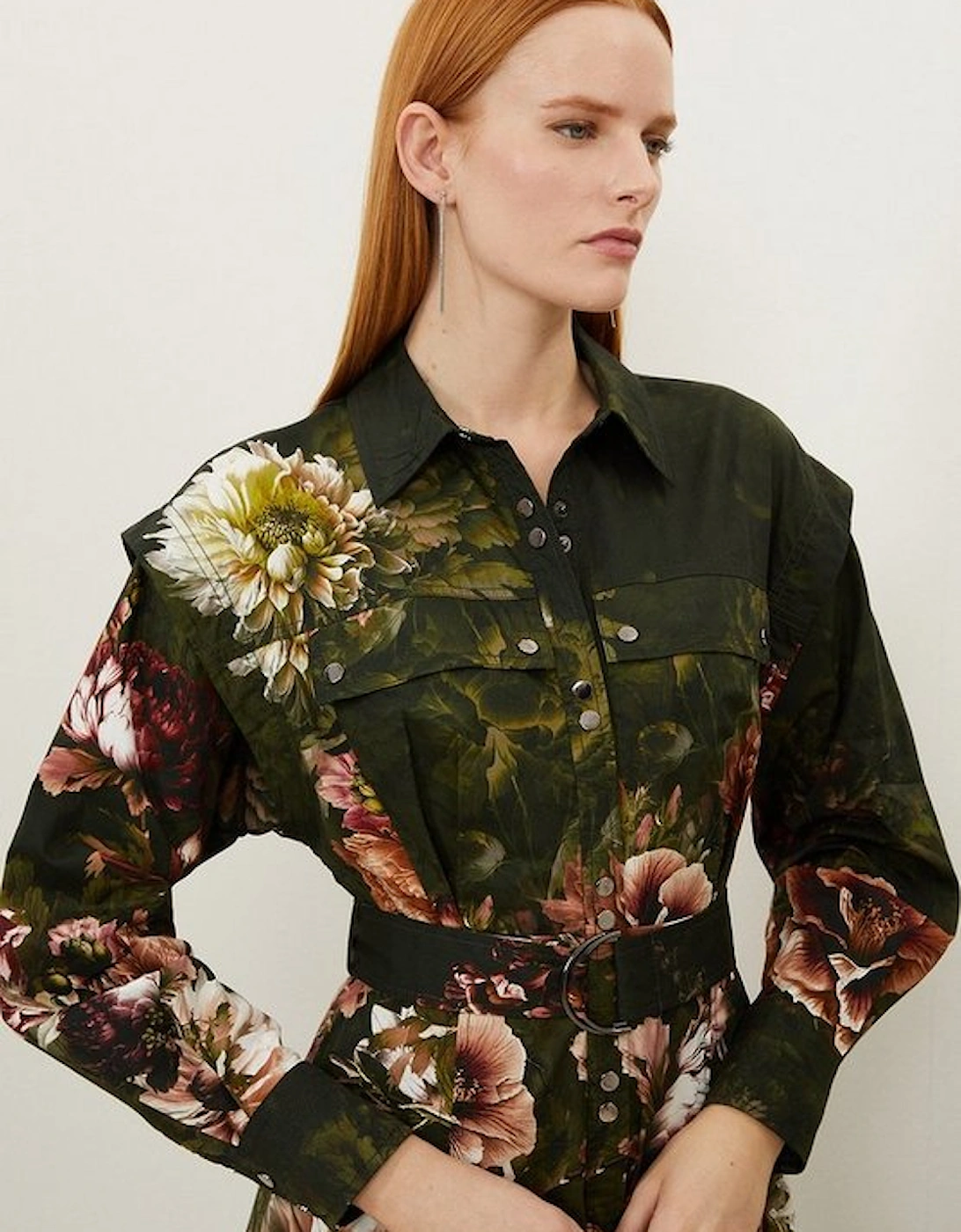 Placed Floral Cotton Sateen Shirt Dress