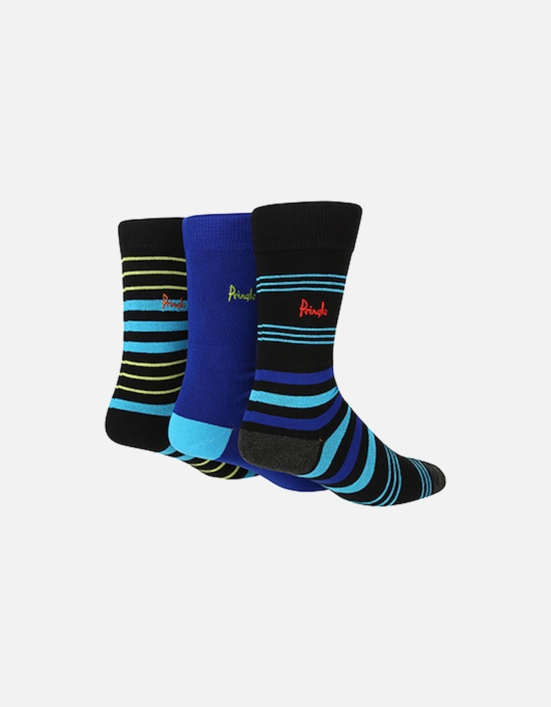 Pringle 3 Pack Bamboo Jacquard Socks Black With Multi Stripe