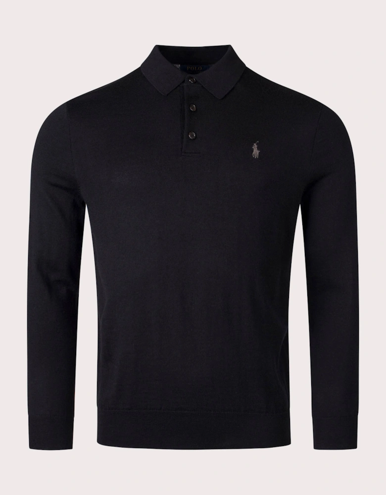 100% Wool Knitted Long Sleeve Polo Shirt