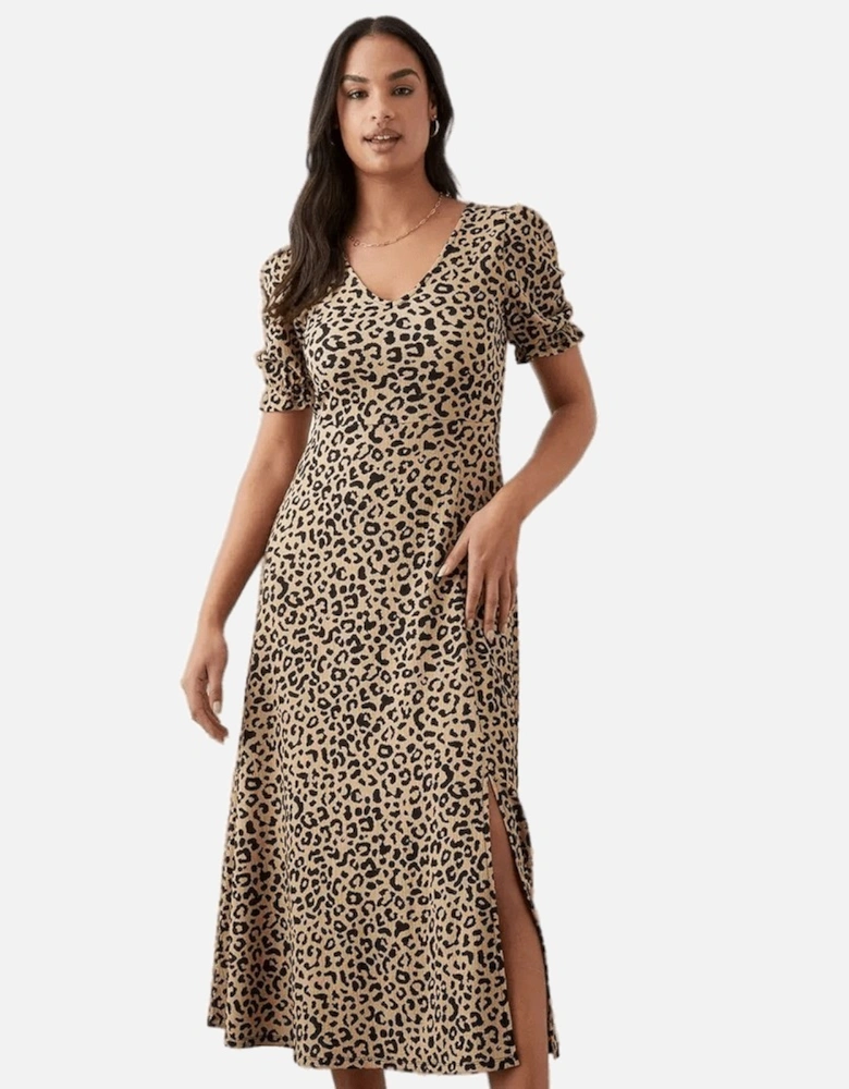 Womens/Ladies Leopard Print Short-Sleeved Midi Dress