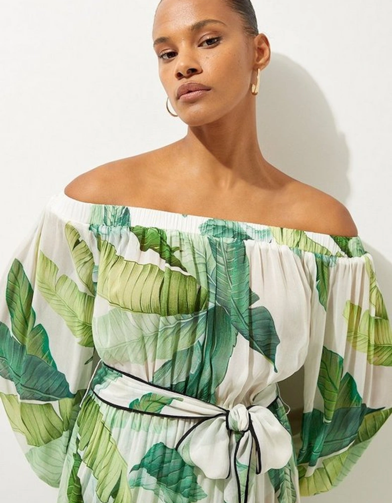 Tropical Palm Print Beach Off The Shoulder Maxi Dress