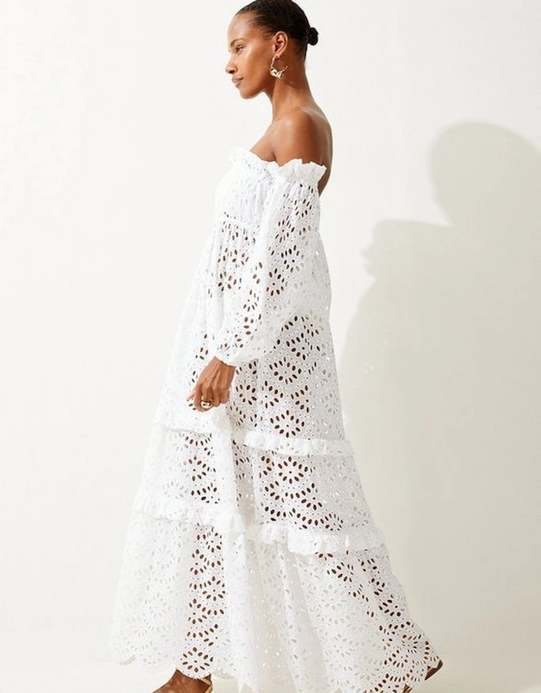 Off Shoulder Broderie Maxi Beach Woven Dress