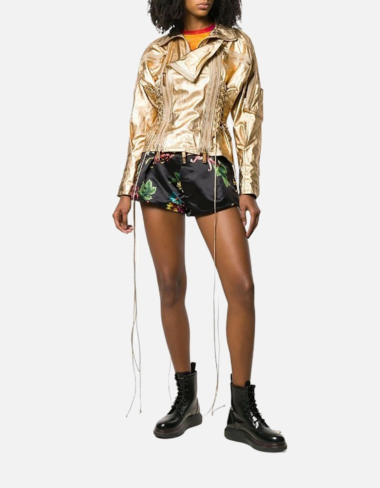 DSQUARED2 Womens Biker Jacket Gold Leather Slim Winter Outwear Zip Ladies Coat