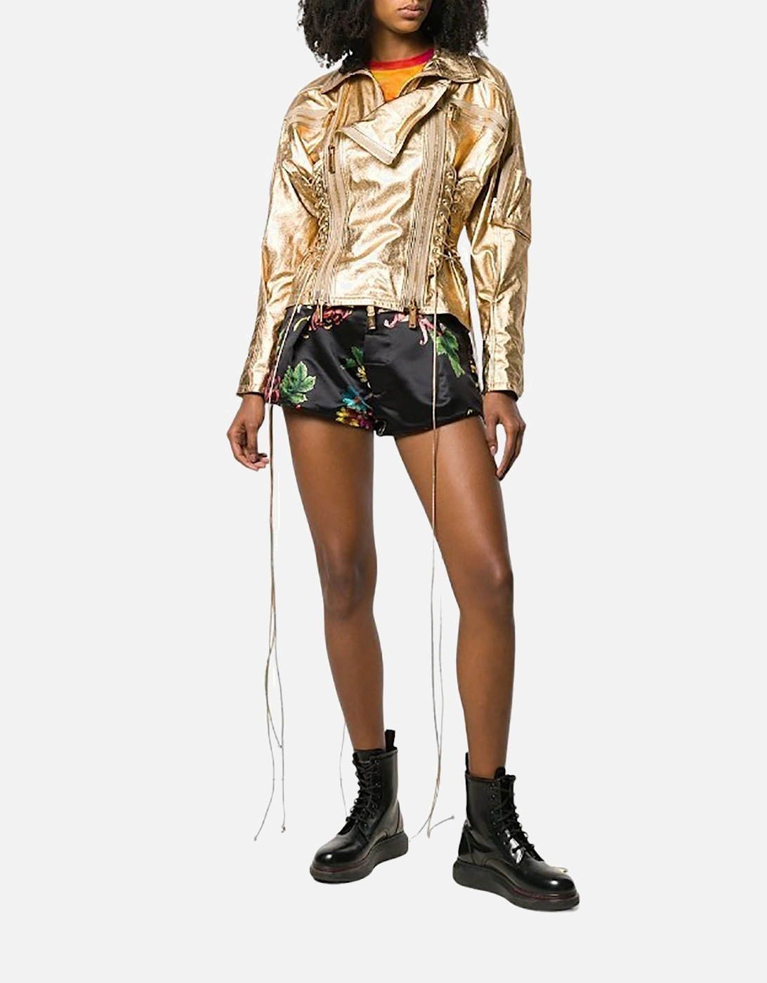 DSQUARED2 Womens Biker Jacket Gold Leather Slim Winter Outwear Zip Ladies Coat