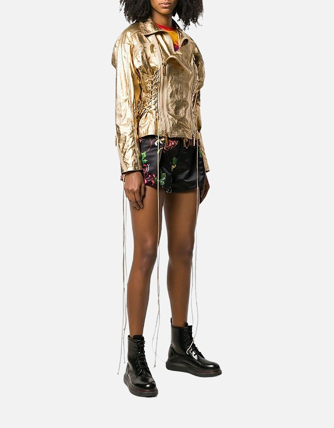 DSQUARED2 Womens Biker Jacket Gold Leather Slim Winter Outwear Zip Ladies Coat