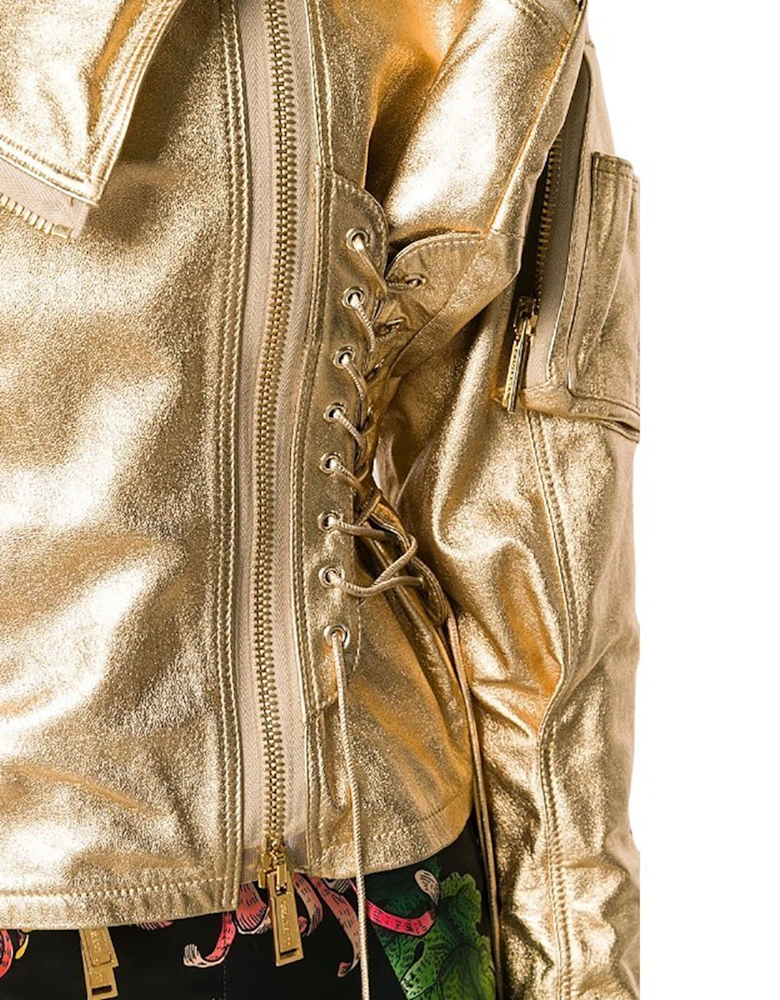 DSQUARED2 Womens Biker Jacket Gold Leather Slim Winter Outwear Zip Ladies Coat