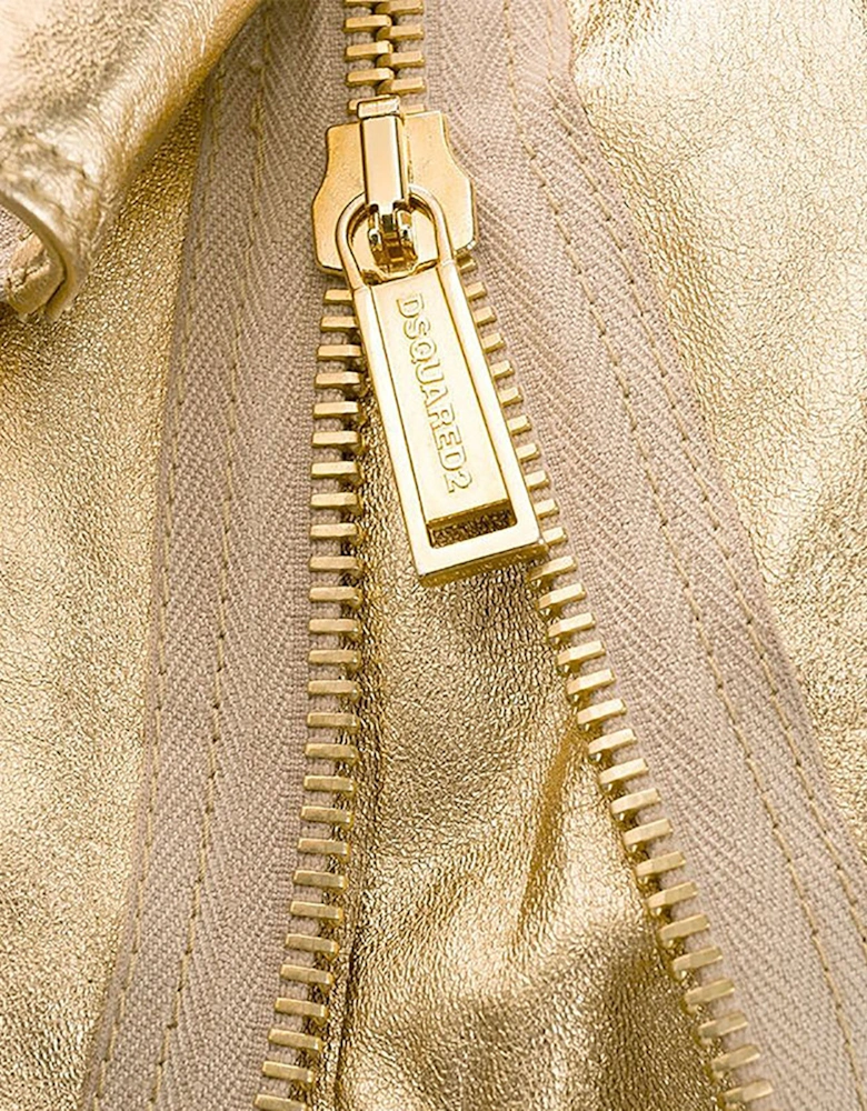 DSQUARED2 Womens Biker Jacket Gold Leather Slim Winter Outwear Zip Ladies Coat