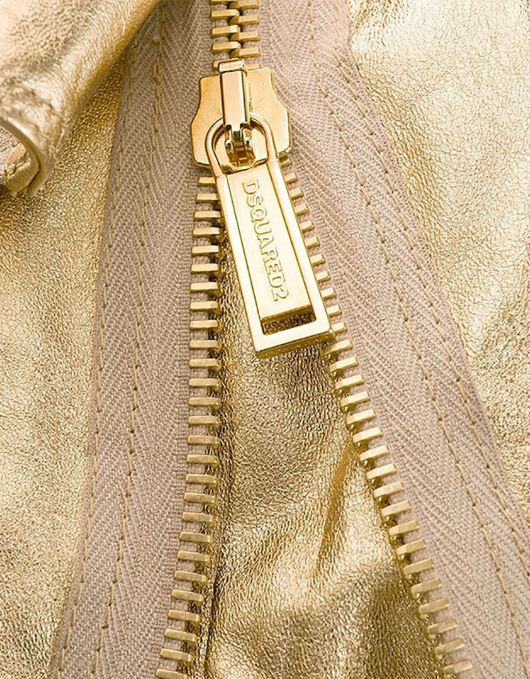 DSQUARED2 Womens Biker Jacket Gold Leather Slim Winter Outwear Zip Ladies Coat