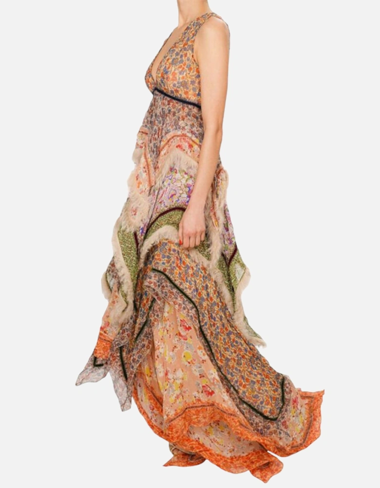 S72CU0809 RUNWAY Womens Dress Velvet Fur Trim Beige Maxi Train Dress