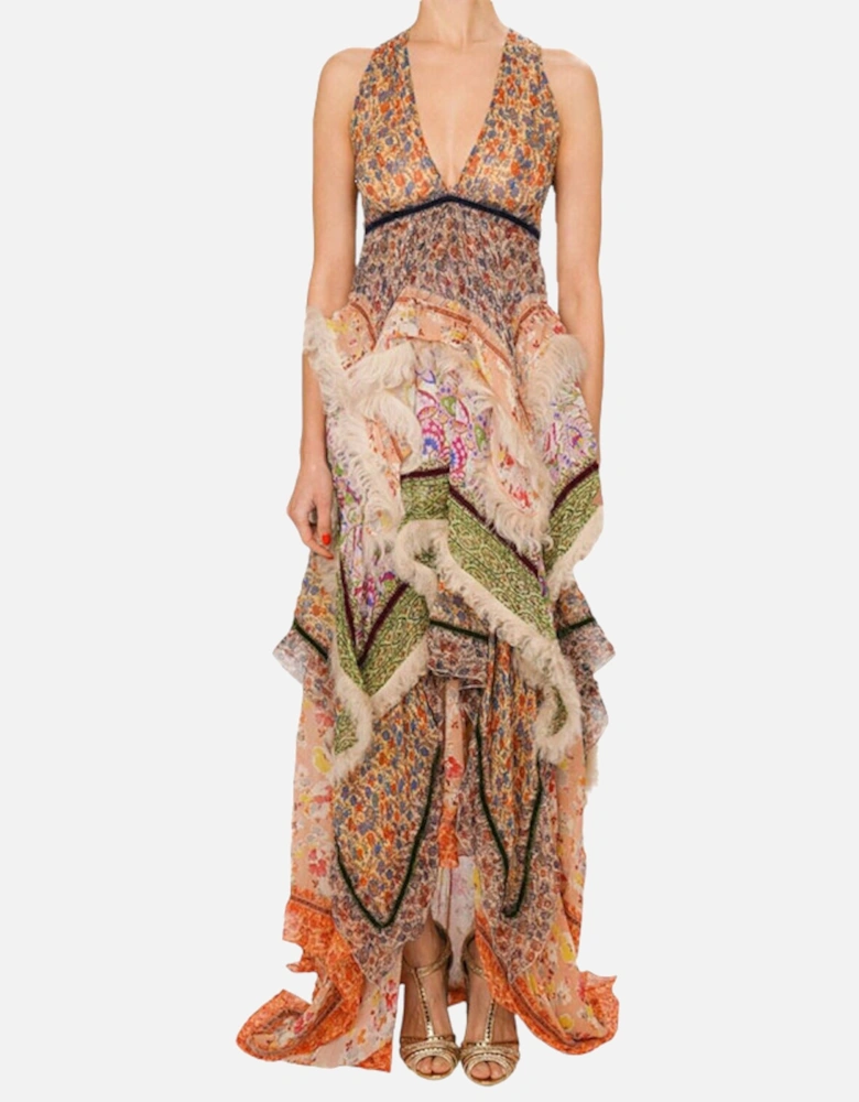 S72CU0809 RUNWAY Womens Dress Velvet Fur Trim Beige Maxi Train Dress