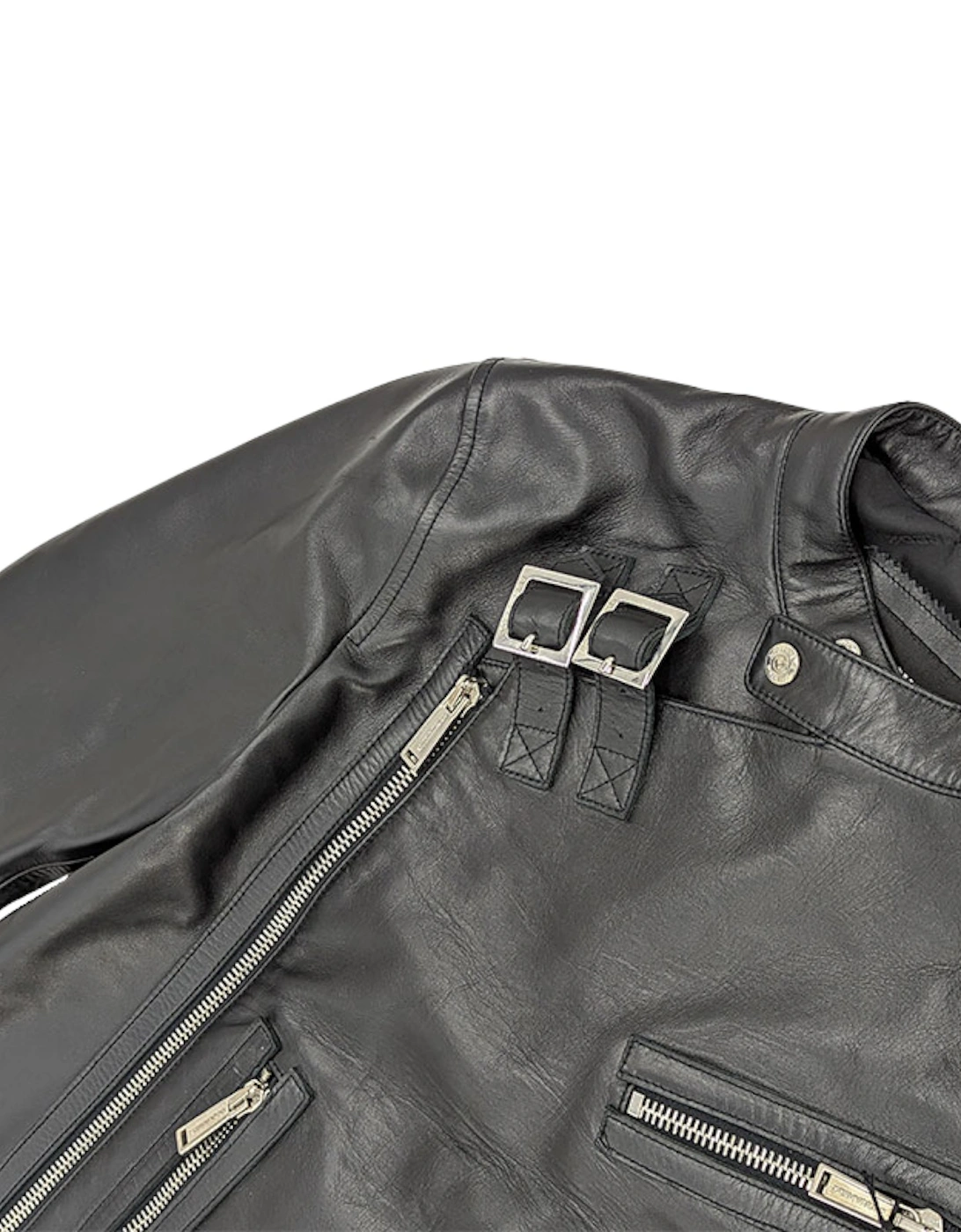 S71AN0198 Mens Biker Jacket Zipped Leather Racer Winter Outwear Coat