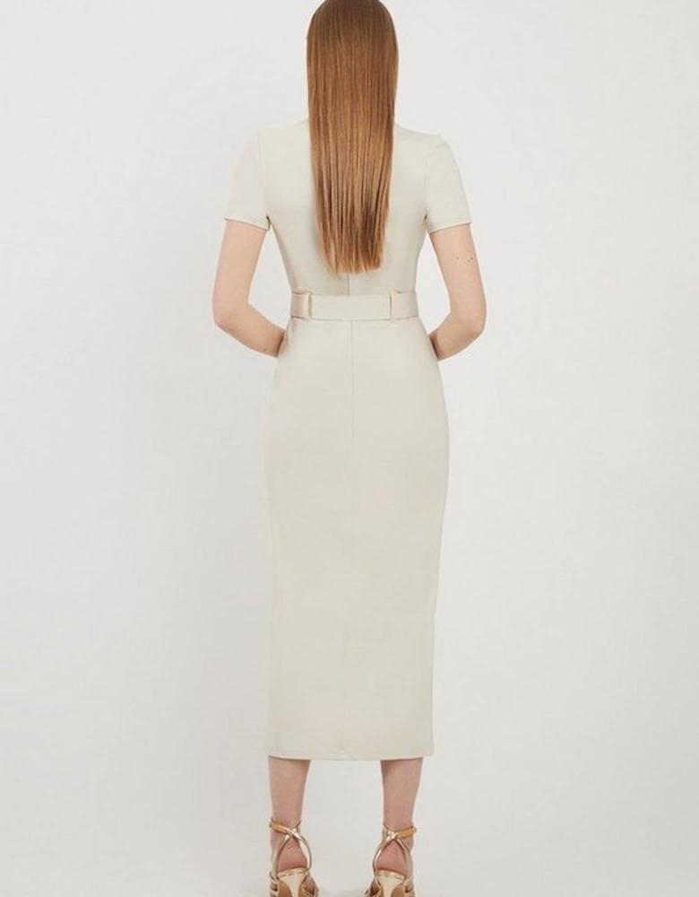 Belted Detail Ponte Jersey Short Sleeve Midi Dress