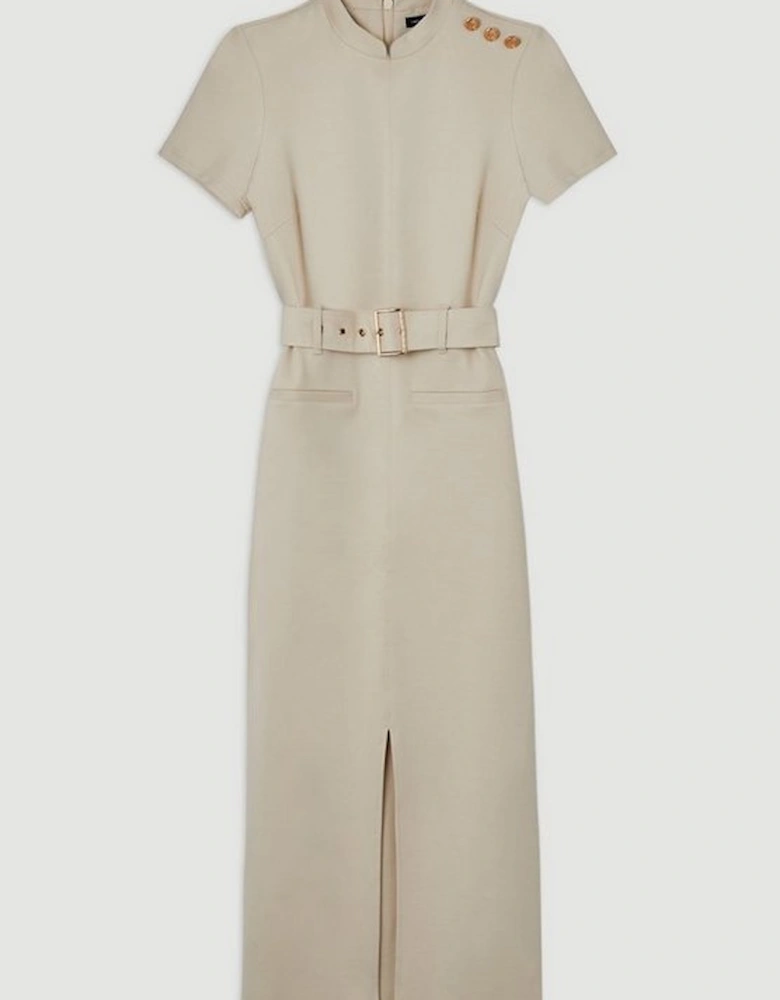 Belted Detail Ponte Jersey Short Sleeve Midi Dress