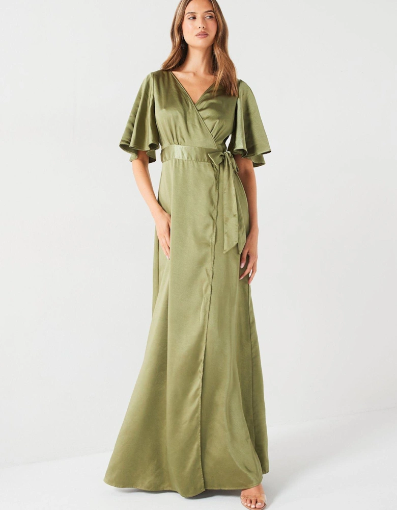 Wrap Tie Side Satin Bridesmaid Dress - Moss - Green