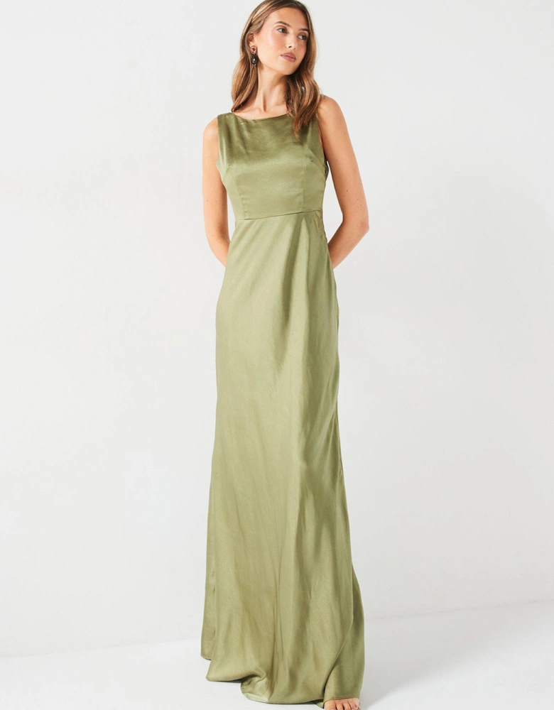 Cowl Back Satin Bridesmaid Dress - Moss Green