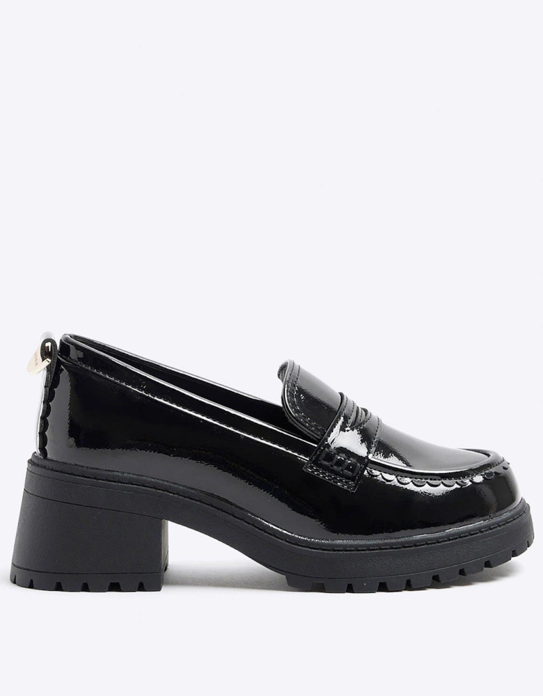 Older Girl Callop Trim Heeled Loafers - Black