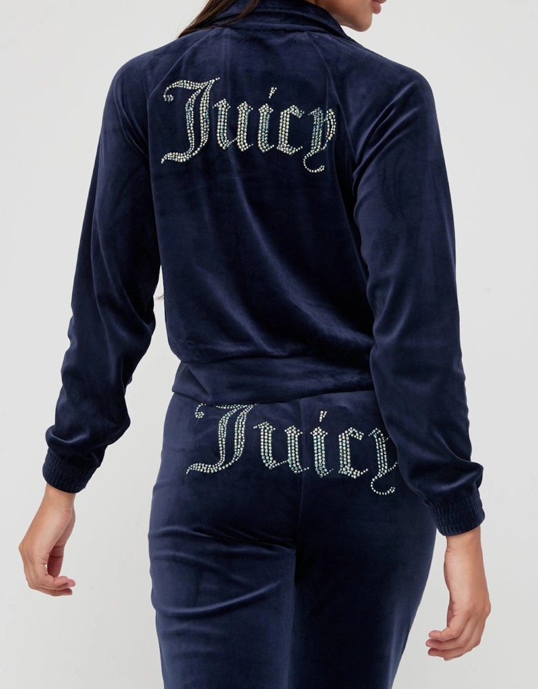 Diamante Back Logo Velour Track Top Jacket - Navy