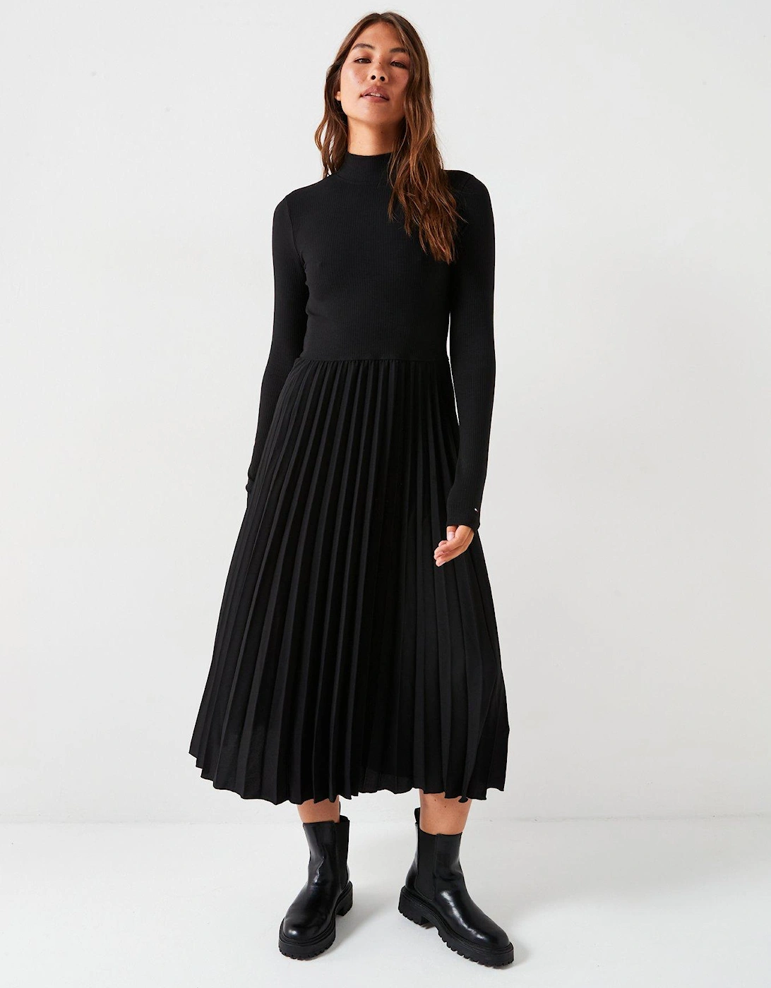 Pleated Long Sleeve Dress - Black, 7 of 6